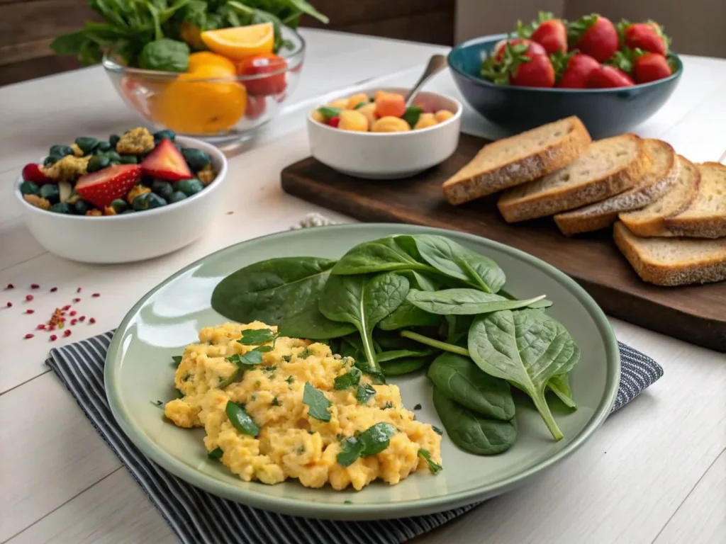 Serving suggestions for high-protein scrambled eggs with spinach, including salads and fruits.