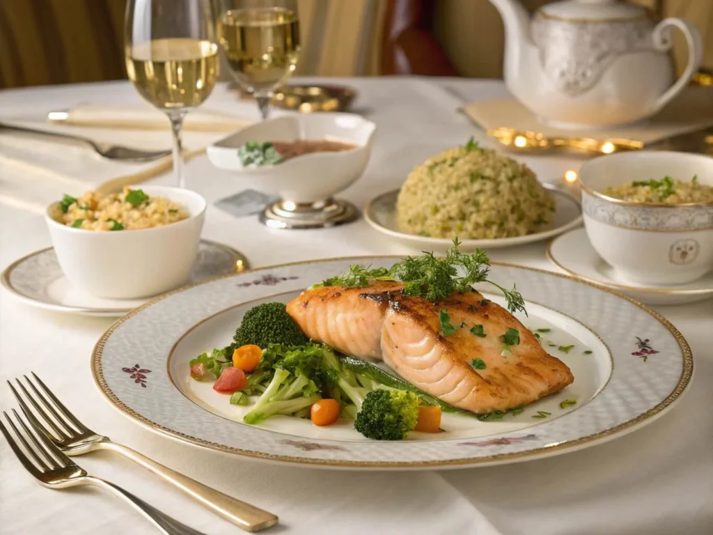 "Dining table set with Honey Garlic Salmon and side dishes."