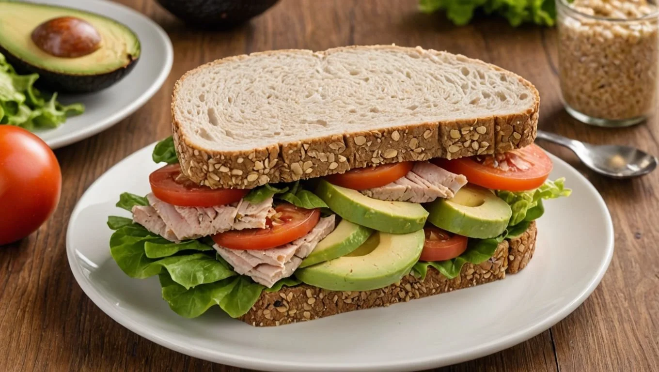 A beautifully plated Turkey Avocado Sandwich with layers of turkey, avocado, lettuce, and tomato.