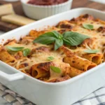 Vegan baked ziti in a white casserole dish, topped with golden-brown vegan cheese and garnished with fresh basil, set on a marble countertop.