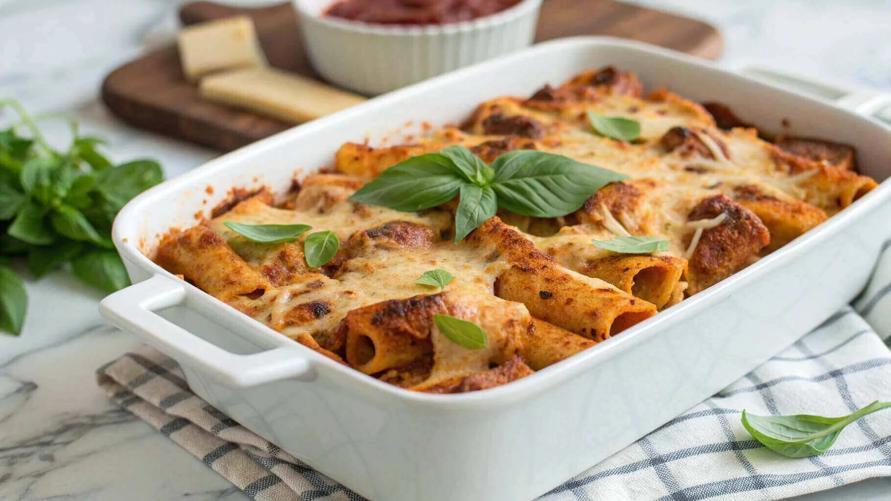 Vegan baked ziti in a white casserole dish, topped with golden-brown vegan cheese and garnished with fresh basil, set on a marble countertop.