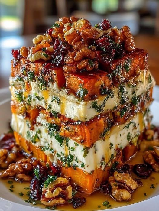 Layered Sweet Potato Butternut Squash Carrot Lasagna with Walnuts and Cranberry-Maple Glaze — The Most Spectacular Vegan Dinner You Will Ever Make layered sweet potato butternut squash carrot lasagna