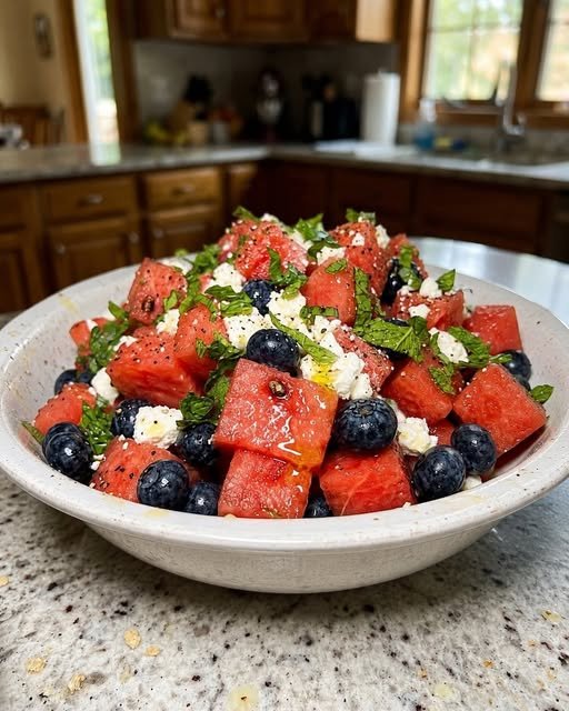Watermelon, Vegan Feta and Blueberry Salad with Lemon Olive Oil — The Most Beautiful Summer Salad You Will Ever Make watermelon, vegan feta & blueberry salad with lemon olive oil